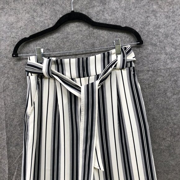 H&M Wide Leg Tie Waist Pants Womens Size 2 White Blue Stripe Beachy Culotte - Picture 3 of 9